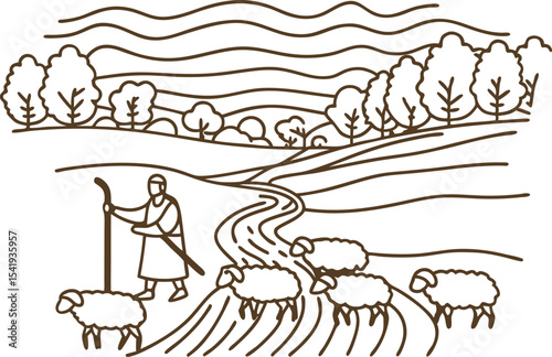 Shepherd guiding flock of sheep in rural landscape with trees, hills, and winding path pastoral agriculture scene