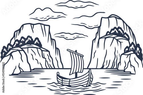 Sailing boat navigating between rocky cliffs nautical adventure seascape with mountains, trees, clouds, tranquil waters