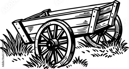 old wooden cart on grass, vintage rustic wagon with classic spoked wheels, black and white illustration