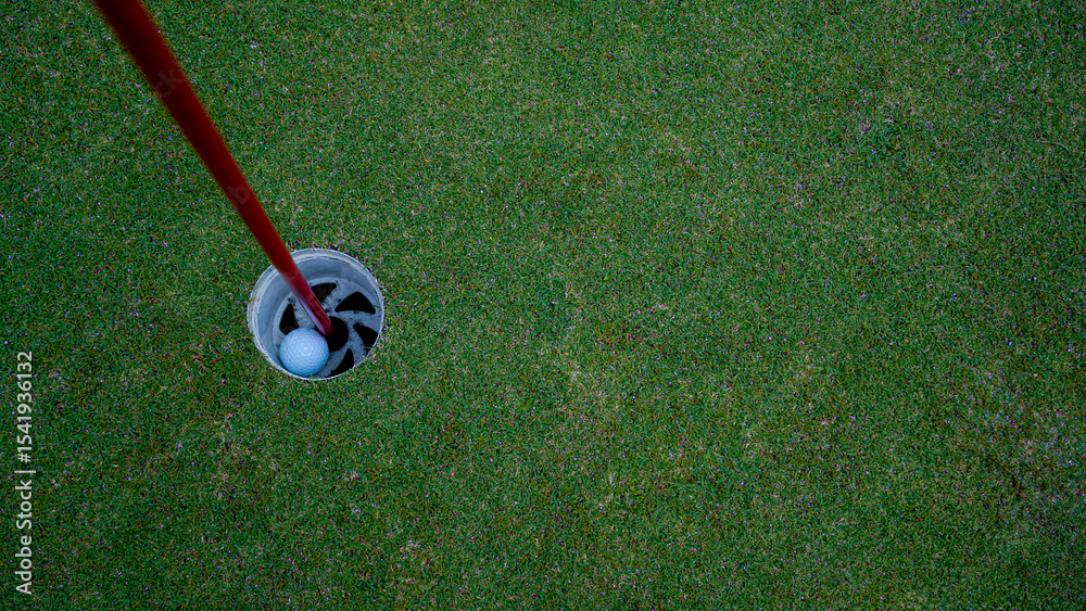 Obraz premium Golf ball on green grass in the evening golf course with sunshine background.