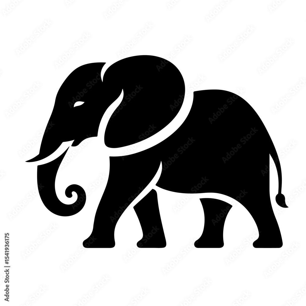 Fototapeta premium Elephant Silhouette Icon – Black Vector Animal with Upward Curved Trunk on White Background