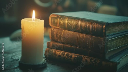 Lit candle beside aged book stack on dark wood