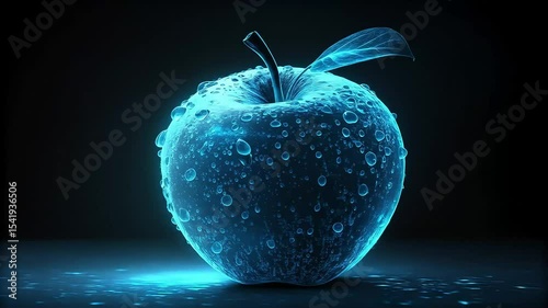 digital apple with fresh water drops on a black background, an isolated fruit in digital world