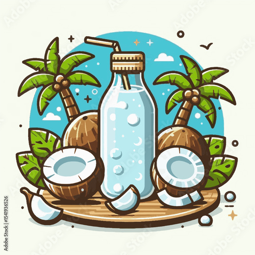A bottle of coconut water is showcased amidst whole  halved coconuts under palm trees