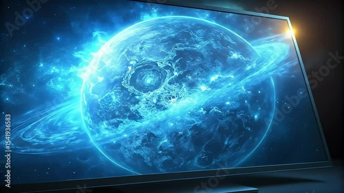 Blue global technology design illustrating the earth's glowing energy within a digital space in screen