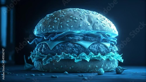 Isolated 3D illustration of a burger with abstract blue light