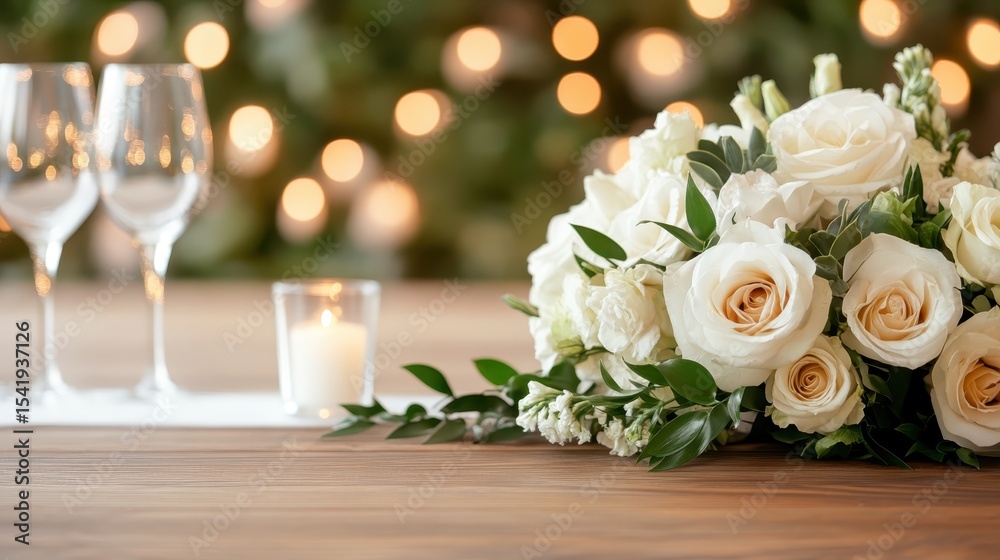 Obraz premium An elegant wedding bouquet featuring white roses and delicate greenery, accompanied by candlelight, symbolizing love and celebration during a beautiful wedding event.
