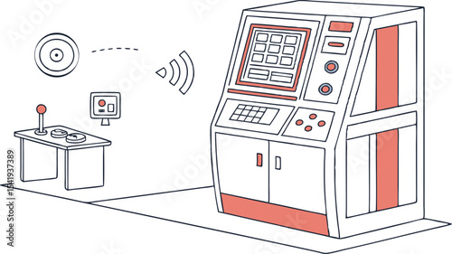 Illustration of a retro gaming setup with a large arcade cabinet and a smaller control station area