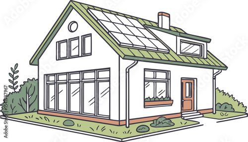 Illustration of a house with solar panels on the roof, surrounded by greenery and a well maintained lawn