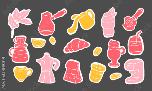 18 hand-drawn coffee stickers. Set of abstract coffee stickers for design