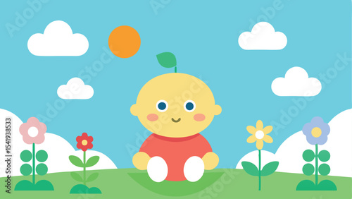 Adorable cartoon baby character in a playful outdoor springtime scene with flowers and clouds