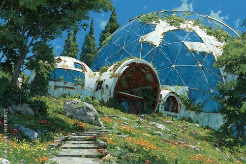 Abandoned futuristic biosphere overtaken nature shattered glass domes vines growing through control panels colorful wildflowers in every crack