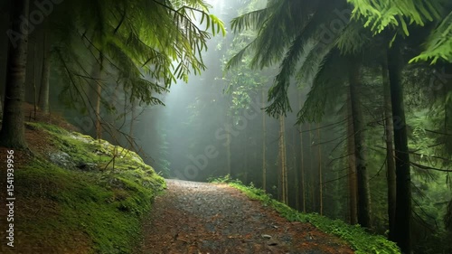 Misty Green Forest Forming a Triangle Against a Soft Sky