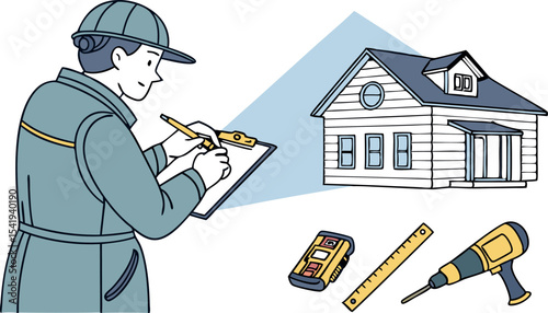 Man in uniform inspecting a house with tools and clipboard for home inspection and maintenance tasks