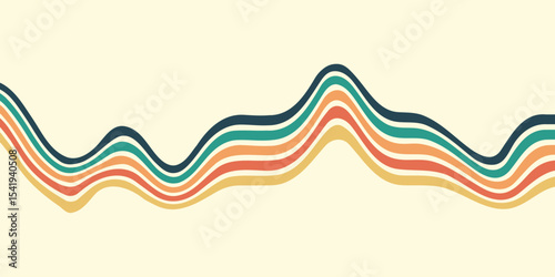 Abstract colorful 70s background vector. Vintage retro wallpaper with rainbow stripes and wavy lines. A 1970 color illustration suitable for posters, banners, decorative items and wall art.