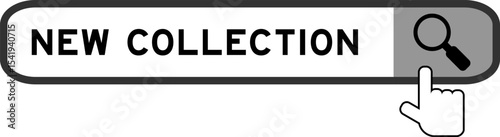 Search banner in word new collection with hand over magnifier icon on white background