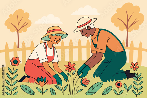 Elderly couple gardening together in backyard with flowers and pastel tones