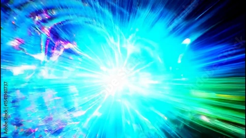 A vibrant burst of blue and green light radiates outward against a dark background, creating a dynamic, cosmic effect.
