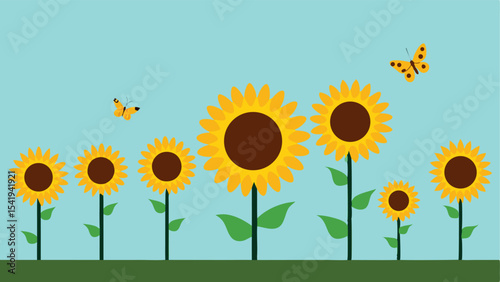Beautiful sunflowers and butterflies illustration with a bright blue sky and green field.