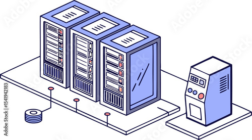 Isometric view of three server racks connected by cables to a console on a raised platform design