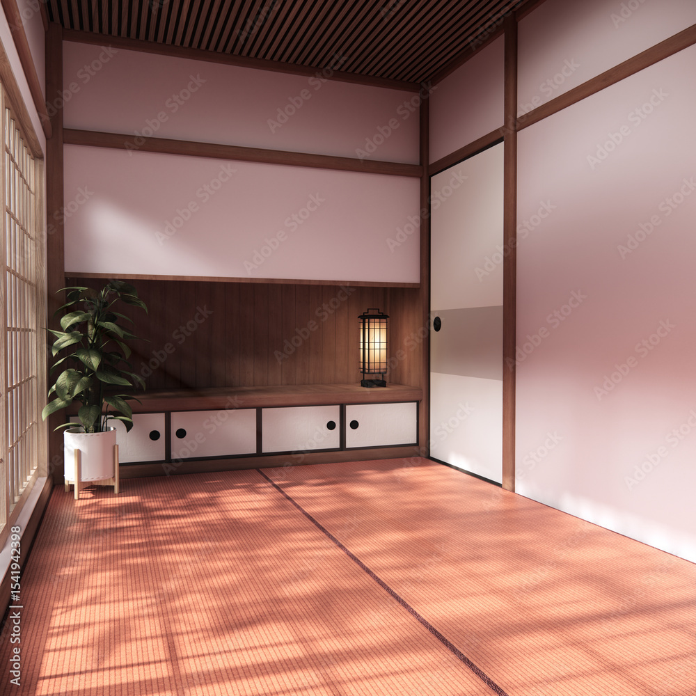 Fototapeta premium Pink sakura room interior cleaning room with decoration Japanese style. 3D rendering