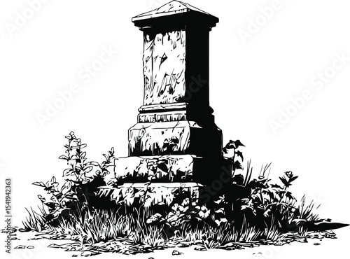 Monochrome Gravestone Silhouette: A stark and weathered gravestone, rendered in monochrome, stands amidst a patch of overgrown vegetation, evoking a sense of history and remembrance.