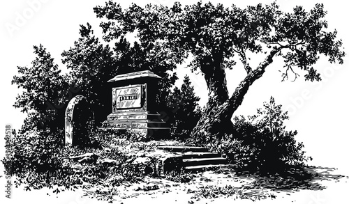 Memory in Stone: A vintage illustration captures a poignant moment at an old stone memorial set amidst a tranquil wooded scene, inviting reflection and remembrance.