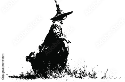 Wizard in Field: A silhouette of a wizard, cloaked and hatted, stands in a field. The stark black and white image creates a mysterious and evocative mood.