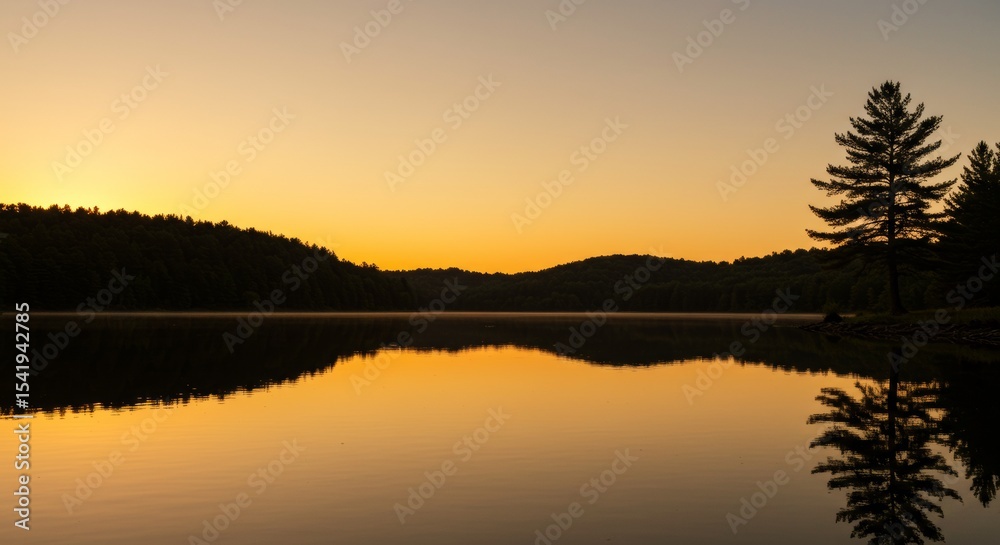 Obraz premium Golden Glow Over the Lake Nature Reflections at Dusk