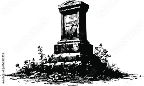 An Old Tombstone: An old tombstone stands weathered and worn amidst a field of scattered flowers, an evocative emblem of remembrance. A grayscale photograph adds a touch of solemnity.
