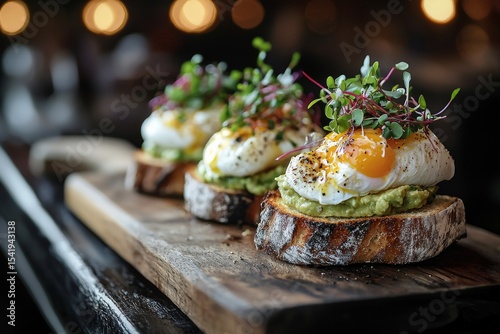 Avocado toast with perfectly poached eggs and fresh microgreens, symbolizing healthy breakfast or brunch