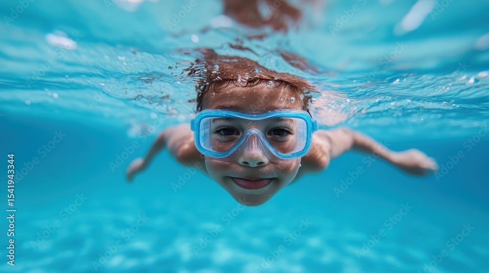 Fototapeta premium A joyful child swims underwater, exuding delight and carefree spirit, showcasing the beauty of childhood and the pure enjoyment of exploring aquatic adventures.