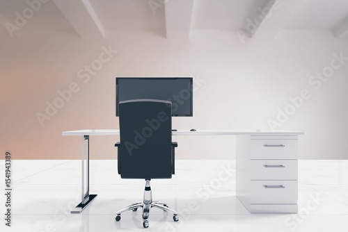 flat design minimalist office is featuring white desk and black chair with monitor and mouse