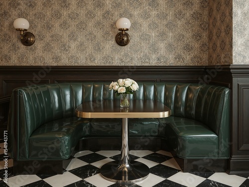Glossy vinyl cushions paired with bold checker flooring and table