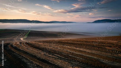 Misty Field at Sunrise with Starry Sky
