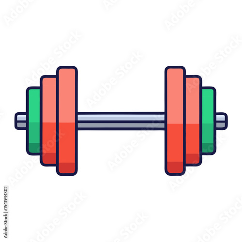 Illustration of a dumbbell with red and green plates on a tan background