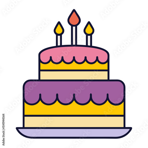 Colorful and cheerful birthday cake with burning candles for celebration