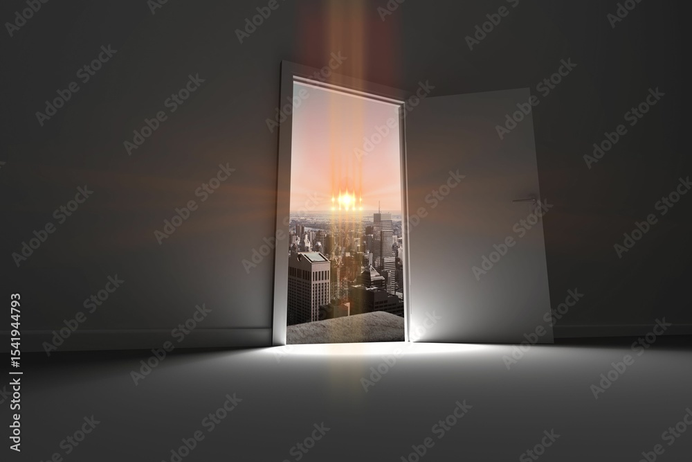 Naklejka premium Open door with cityscape and orange lens flare
