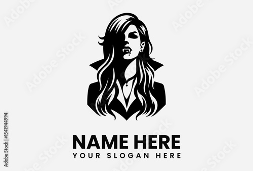 Vector illustration of a female vampire with flowing hair and fangs, wearing a cape.