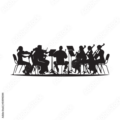 Vector illustration of an orchestra ensemble featuring musicians playing various classical instruments such as violins, cellos, trumpets, and a conductor leading the performance.