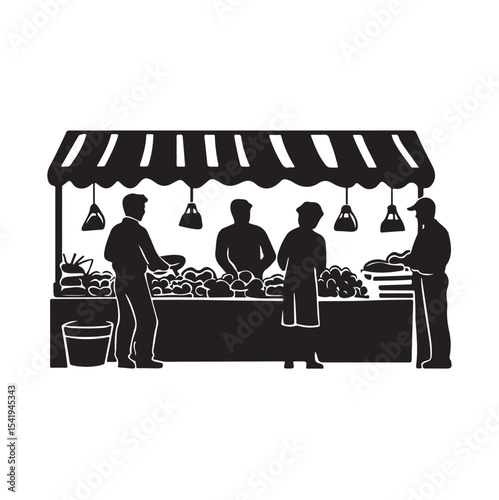 Vector illustration depicting fruit shop or market activity with vendors selling fresh fruits, colorful produce displays, and customers shopping