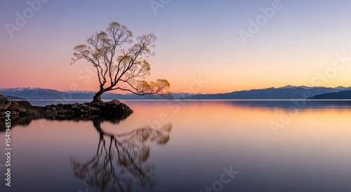 Lone Tree Lake Sunset Calm Water Pink Orange Sky Mountains