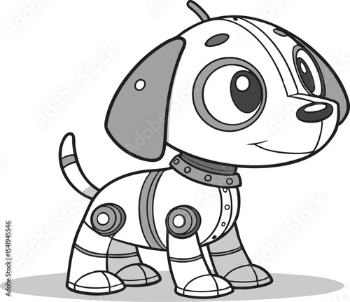 Illustration of a cartoon robotic puppy dog with a collar and tail standing on a gray shadow area