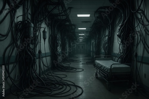 Hallway of a healthcare facility showing integration of artificial intelligence amid a cold, unsettling atmosphere