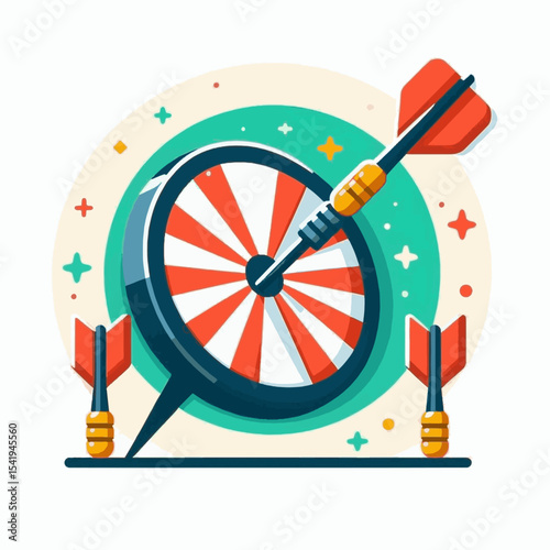 A bullseye dartboard with darts stuck into the center and standing on either side set against a colorful background