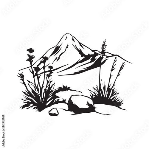 Vector illustration of a beautiful mountain landscape featuring towering peaks, trees, and a clear sky. Ideal for nature themes, outdoor adventure designs, travel posters, and environmental projects.