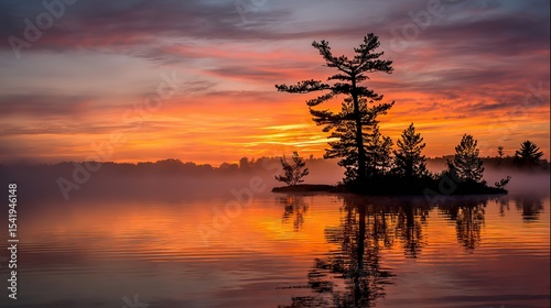 Tranquil sunrise over misty lake reflecting trees and sky, capturing ethereal beauty and serene early morning atmosphere for contemplation.