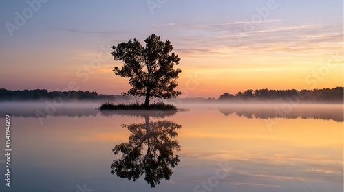 Tranquil sunrise over misty lake reflecting trees and sky, capturing ethereal beauty and serene early morning atmosphere for contemplation.