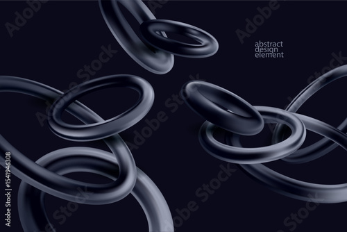  Abstract background of 3D chrome rings.  Monochrome dark geometric shape.