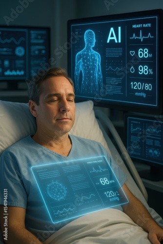 Artificial intelligence transforming patient monitoring in healthcare with glowing technology displays at a medical facility